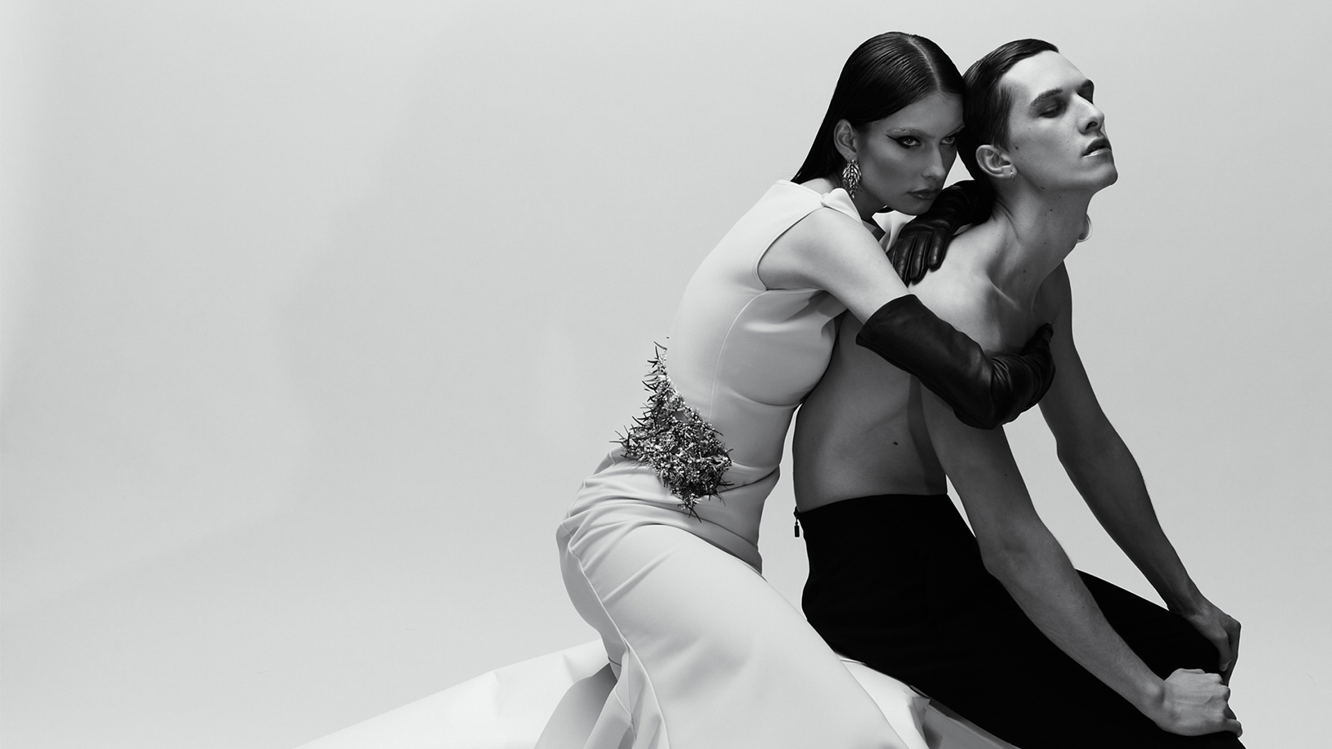 Maticevski male and femal models in black and white image