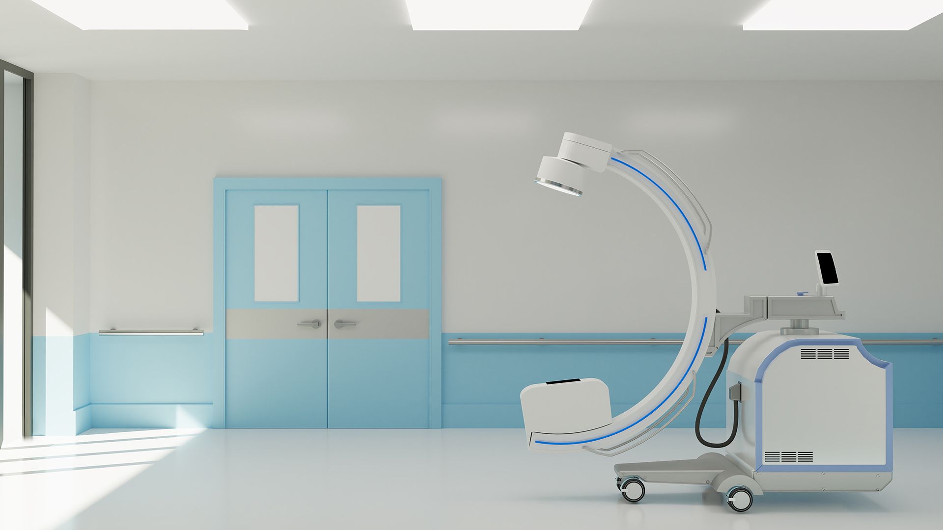 clean operating room with C arm and medical equipment, 3d illustration rendering